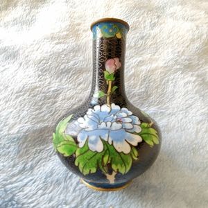 Vintage Jingfa Chinese 4" Tall Cloisonné Black Enamel Brass Censer Small Vase